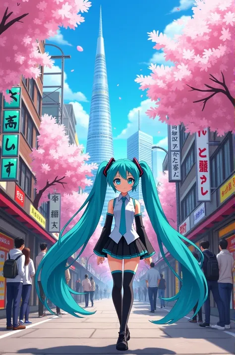 Hatsune Miku walking through Tokyo {Japan} {cartoon}