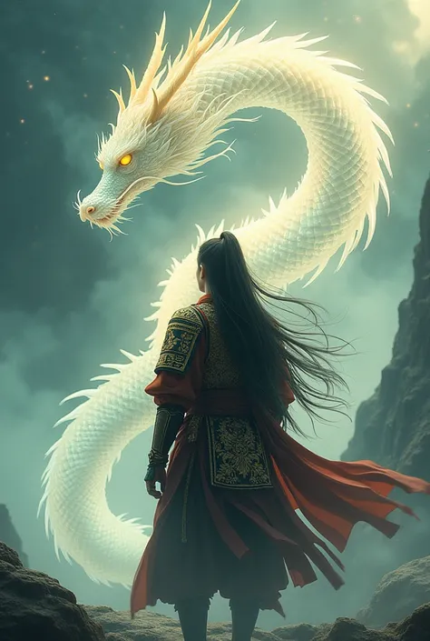 "A samurai man with long, flowing hair, wearing elegant and ornate armor. A translucent dragon spirit, with glittering scales, meanders around him, blending harmoniously with his movements. The dragon spirit emits a mystical and warm glow, illuminating the...