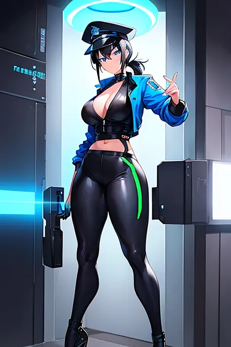 1girl, black hair, short hair, ponytail, long ponytail, blue eyes, large breasts, toned, hourglass figure, serious, blue jacket, bodysuit, black bodysuit, policewoman, police hat, police, neon, neon trim, futuristic, science-fiction, machinery, tech, full_...