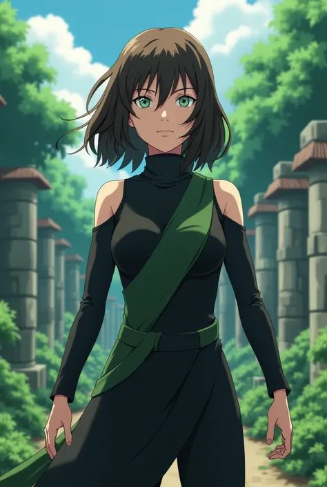 A character from Naruto: the last do clã Hyuuga com olhos de Byakugan, brown curly hair that hits the shoulder. Your black clothes with small green details.