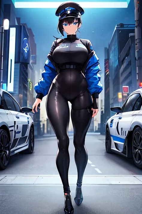 1girl, black hair, short hair, ponytail, long ponytail, blue eyes, large breasts, toned, hourglass figure, serious, blue jacket, bodysuit, black bodysuit, policewoman, police hat, police, neon, neon trim, futuristic, science-fiction, machinery, tech, full_...