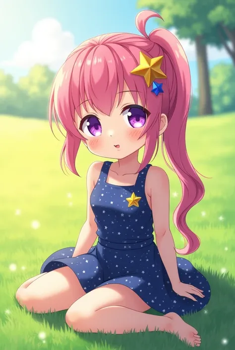 Anime Violet Eyes、Pink Hair、Long ponytail designs for kids (Magic Mini Skirt、Blue and galaxy star print dress) A cute face with a charming smile、Gold star emblem (Petite body) Sitting on the grass (In the midday light)