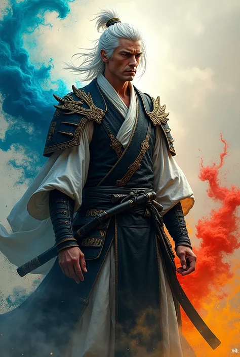 make a tall man with an aesthetically pleasing body, with medium-length, messy white hair, samurai style., how much of a black and white medieval style, make it have colored energy , blue, negro, green , red and yellow