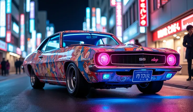 a ecchi car, a car with body painted with anime theme, vivid neon light, car light up, Japanese night street