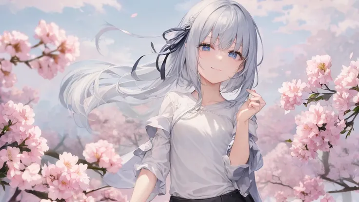 Ultra HD,Look at the viewers, Place your hands behind your back, and, 20-year-old, 非常にshort hair, Long bangs between the eyes, Pale blue eyes, Very detailed,(masterpiece、Highest quality),Gray Hair、Laughter、wonderful, Silver Hair, iris, short hair、 Flutteri...