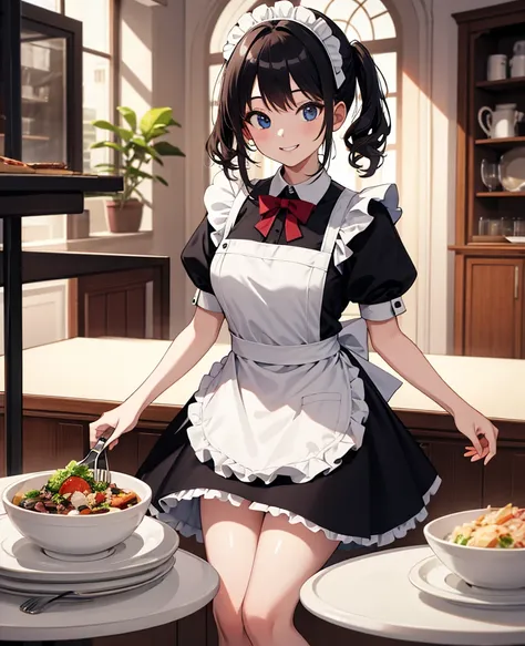 (masterpiece, best quality), (absurdres:1.2), (ultra detailed, 8K, ultra highres:1.2), 1girl, maid costume, smile, serving, dinner, table, tablecloth, indoor, dishes