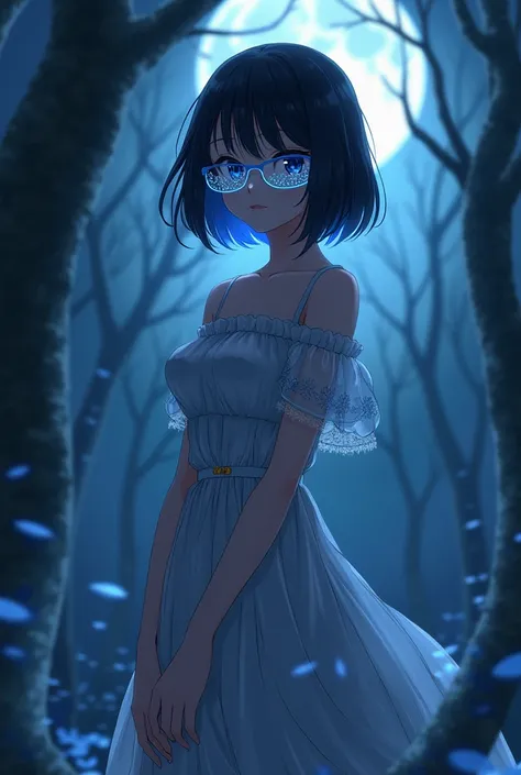 jujutsu kaisen anime girl with short black hair, glasses with blue design and with an elegant dress