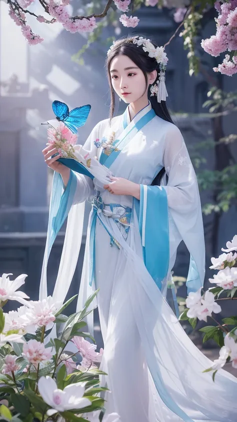 Fide woman in blue dress holding butterfly, ancient chinese beauti, EtherealBeauty, chinese fantasy, xianxia fantasy, inspired by Tang Yin, 宮 ， A girl in Hanfu, Hanfu, white hanfu, beautiful fantasy empress, Princesa chinesa antiga, Inspired by Qiu Ying, I...