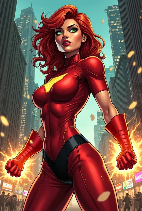 Generate me an image of a red-haired superheroine, that the suit be short-sleeved, that it be red and that the image have a comic style, that its in a city background, that he is fighting with several enemies 