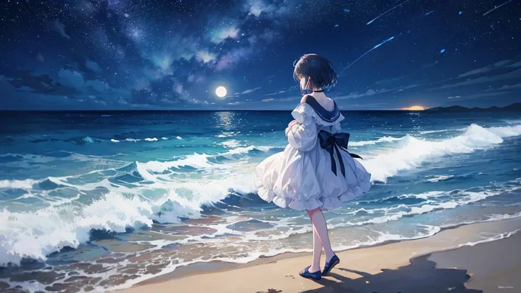 A night scene on the beach under a starry sky and a bright full moon. Spotlight, a lonely figure (she could be female or male) She stands near the water, looking towards the horizon where the moon reflects its light on the ocean. The figure has a longing p...