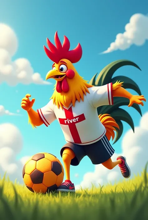 Rooster kicking a soccer ball, white shirt with red cross stripe, black shorts and in the center of the shirt it says: river