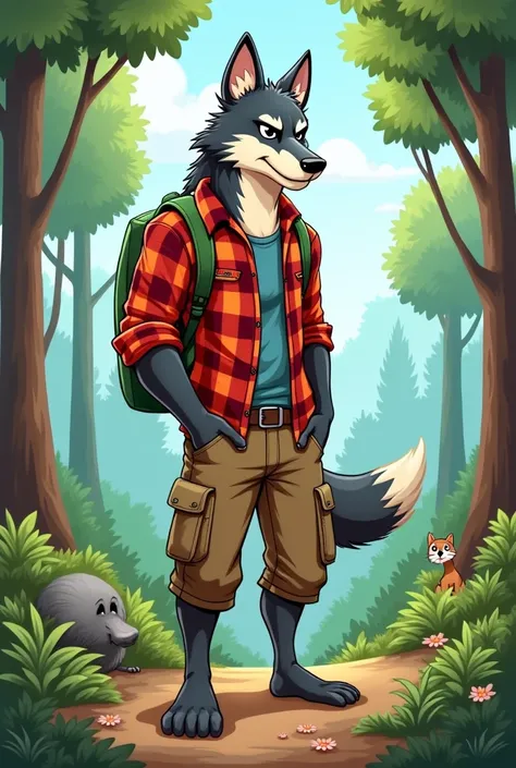      A wolf with a body resembling that of a human in a cartoon style, wearing a shirt with cargo pants and no shoes