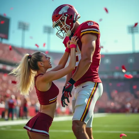 Blonde, Beautiful, and strong girl cheerleader lifting a large male football player high above her head with her strong arms. Photorealistic. View from a distance. Wide angle. Male on top.