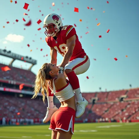 Blonde, Beautiful, and strong girl cheerleader lifting a large male football player high above her head with her strong arms. Photorealistic. View from a distance. Wide angle. Male on top.