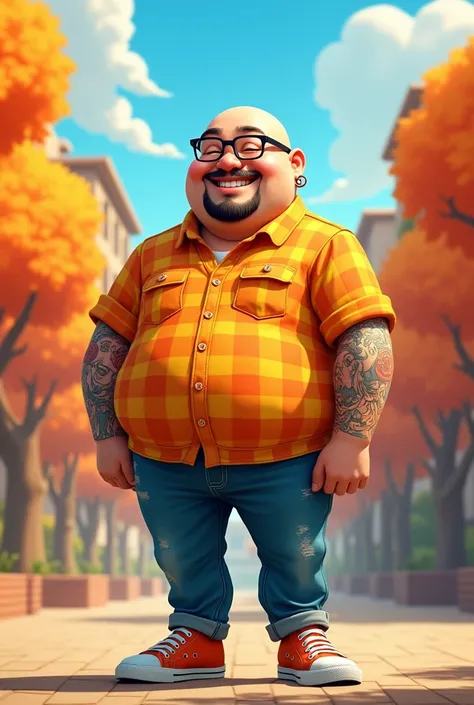 Create a Pixar-style young man, offwhite, Cao Cao, very fat, medium beard,  baldie,square glasses, checkered shirt, all star sneakers, jeans, tattoo on arm, ear piercing and written Professor Marcus