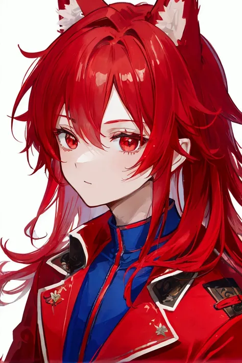 a cute male with red hair and wolf ears wearing a red coat and blue shirt, has flowers in his hair, portrait