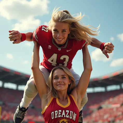 Blonde, Beautiful, and strong girl cheerleader lifting a large male football player high above her head with her strong arms. Photorealistic. View from a distance. Wide angle. Male on top.