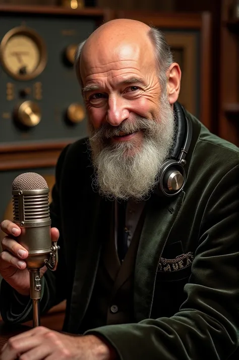 A 42-year-old bald baron with a longish beard, somewhere between Ana, speaking into a Shure microphone in a 1950s style, in front of a radio console with headphones on.