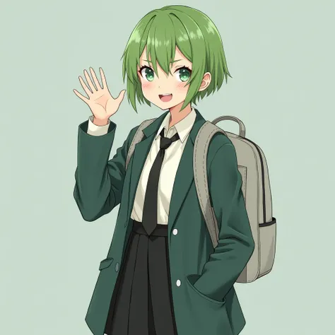 young woman、green short-haired、緑色のスーツにBlack tie、Backpack on and one hand in pocket、Waving with the other hand、A happy expression
Green clothing、Black tie、Casual pose、Mysterious Background