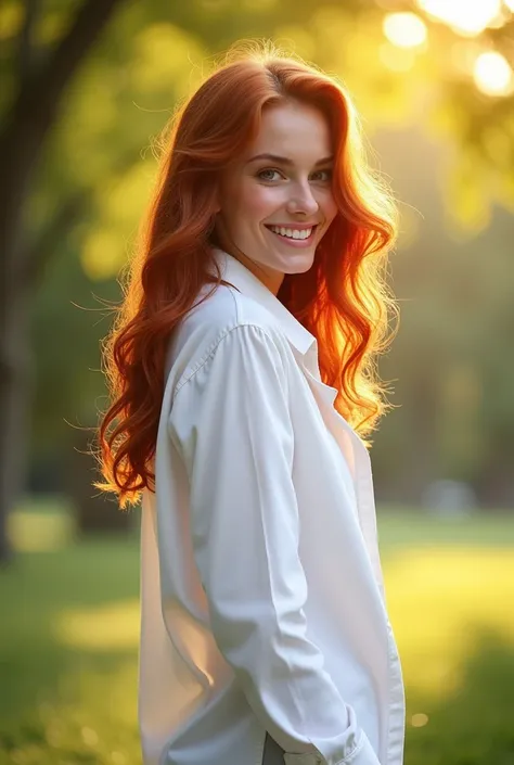 beautiful girl, Standing with their back to the camera, wearing a white shirt, totally naked, grabbing their buttocks with both hands, reddish hair, smiling, 