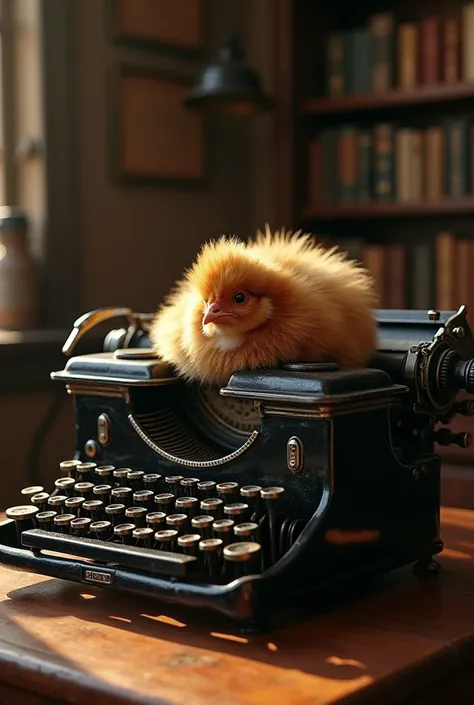 Hyperrealistic image of a typewriter with a chicken sleeping on top of it. There must be a chicken on top of it