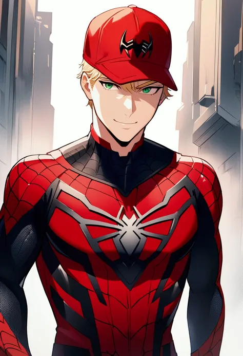 2d illustration of a Young man with shaved blond  hair with Prominent eyebrows a, Green eyes, Sincere smile and white complexion. With athletic body dressed in the Spiderman suite With A red baseball cap