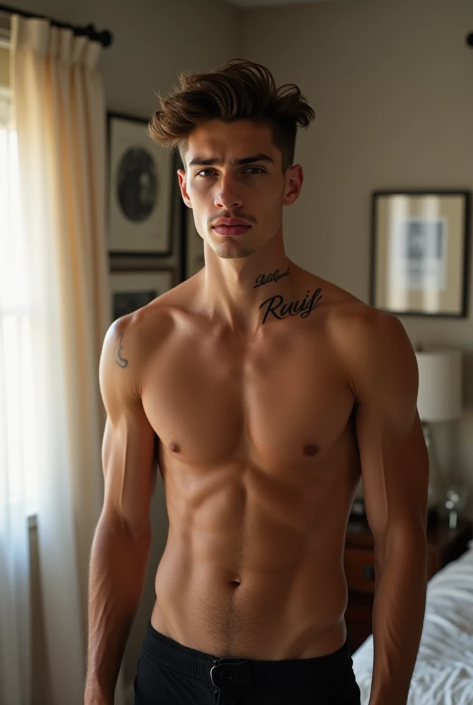 Young man, high quality realistic AI, muscular, tanned skin, tattoo with the name Ruy on his neck, piercing gaze, pink lips, with a bedroom background.