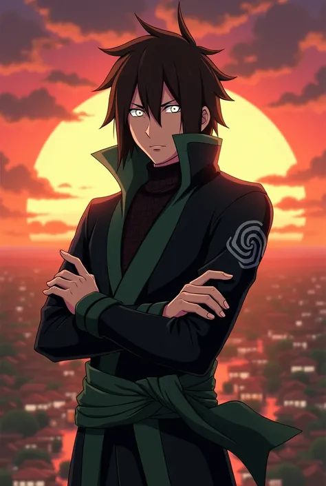 A character from Naruto: the last do clã Hyuuga com olhos de Byakugan, brown curly hair that hits the shoulder. Your black clothes with small green details, a bandana around the waist and the symbol of his clan on his arms.