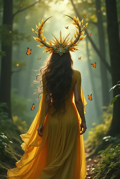 Create a work of art featuring a forest goddess, of abundance and fertility. She is walking gracefully through a forest, Her hair is adorned with a golden crown with jewels, Butterflies fly, ultrarealistic, and she is a druid queen
