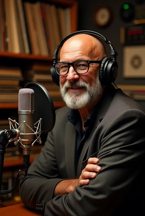 42 year old completely bald baron with medium length beard between cana speaking into 50&#39;s style Shure microphone in front of a radio console with headphones on Black boxes turned up nose medium width rounded tip thin lips marked forehead