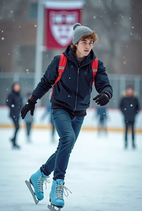 Draw a young adult skater, American man,with ice blue ice skates,skateboarding clothes,the skating rink with the Harvard flag,who is also a doctor, got a scholarship to study at Harvard because of his skating talent,  brown hair and blue eyes, Caucasian sk...