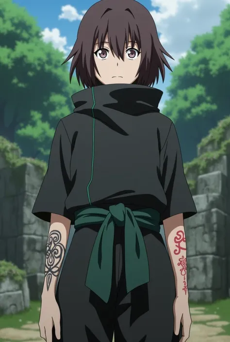 A character from Naruto: the last do clã Hyuuga com olhos de Byakugan, brown curly hair that hits the shoulder. Your black clothes with small green details, a bandana around the waist and the symbol of his clan on his arms.