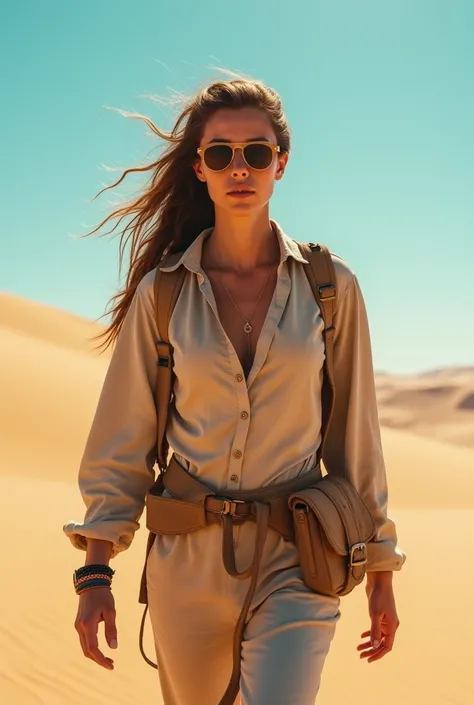 ((best qualityer)), ((work of art)), ((realisitic)), ((best qualityer)), ((work of art)), ((realisitic)),  walking in the desert, looking tired, wear loose clothing Long-sleeved shirts and pants, harness, oculos de sol, Very beauthful, in a natural and cas...