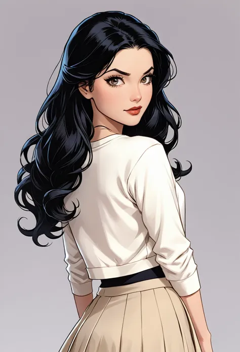 dc comic girl with long black hair in a twist-back hairstyle with her ends semi-curled. her eyes are hazel-doe-like. she had por...