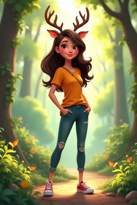 Pixar-style poster of a light-skinned brunette teenager, layered hair, pants, blouse, tennis, with deer antlers 