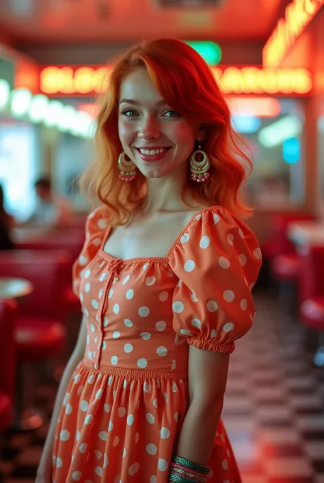 Redhead girl with a polka dot 80s dress, fully body 