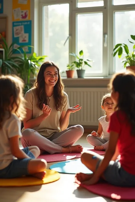 Group of students participating in a circle activity, expressing their emotions, with a teacher guiding the session.