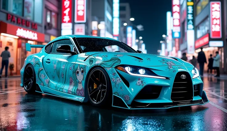 an ecchi car, a car with body painted with Hatsune Miku, vibrant neon light, car light up, Akihabara night street, photorealistic, night view photo