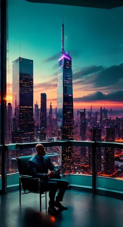 a skyscraper office in the big city, the cyborg man sits in a luxurious chair and holding a smoking cigar in his hand, high quality, absurdres, masterpiece, beautiful, intricate details, 1/2 body crop, slim body, beautiful figure, magnificent anatomy, (int...