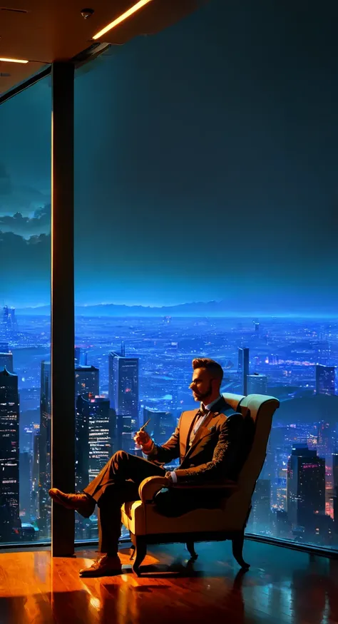 a skyscraper office in the big city, the cyborg man sits in a luxurious chair and holding a smoking cigar in his hand, high quality, absurdres, masterpiece, beautiful, intricate details, 1/2 body crop, slim body, beautiful figure, magnificent anatomy, (int...