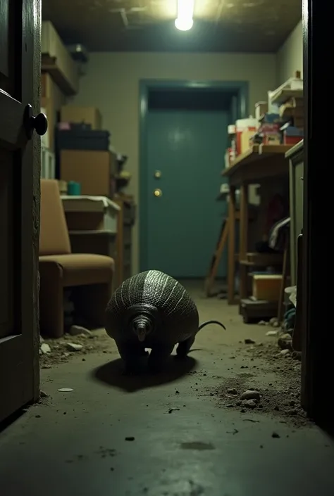 An armadillo inside a basement house 