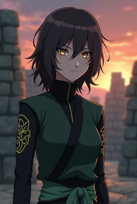 A character from Naruto: The last of the Hyuuga clan with brown Byakugan eyes, brown curly hair that hits the shoulder. Your black clothes with small green details, a bandana around the waist and the symbol of their clan on the sleeves of the shirt.