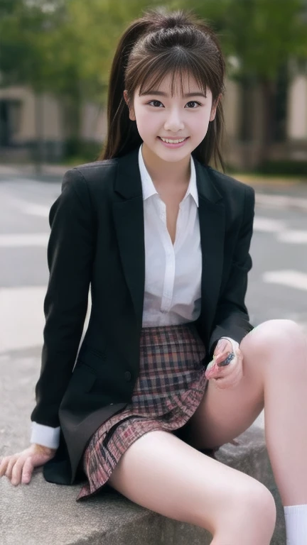 masterpiece, Better Quality, finely, 1 person, Expressive eyes, Perfect Face, Captivating smile, school uniform, (mini skirt) (Crossing your legs), Sexy thighs, Medium chest、White panties