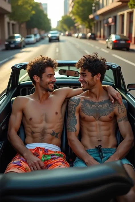 A 24 year old,brazileiro,wearing no shirt,short da nike,sitting inside a black Camaro,with his friend,blacksad,wearing no shirt cheio de tatuagens,and on the lap of 5 semi-naked women