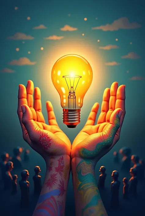 An idea represented by a light bulb being held by hands that represent unity.
