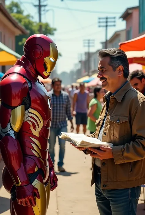 Iron Man being taxed by Lula while trying to buy a piece of armor, haddad laughing in the background