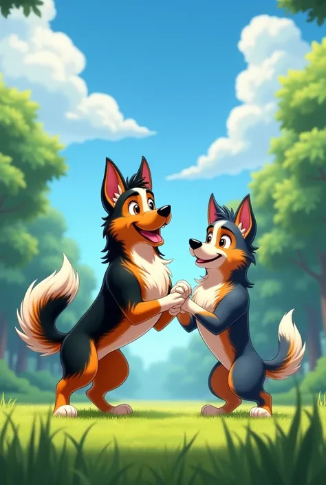 One male and one female Australian Shepard crossed with German Shepard dogs animated picture of them together 