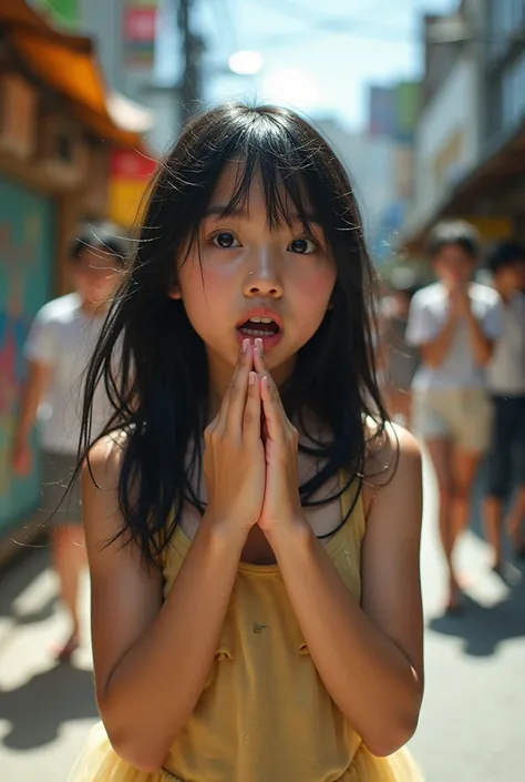 (highest quality,Cowboy shot:1.2),background blur,at crowded City alley,,(perfect beautiful face:1.2),(perfect and beautiful posture:1.2),(Solo, young Japanese girl ),(confused:1.3,embarrassed), shyness:1.1), black hair,(Sweaty, sunburned skin),((open mout...