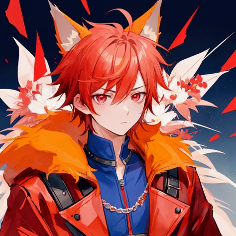 a cute male with orange spiked hair and wolf ears wearing a red coat and blue shirt, has flowers in his hair, portrait, has pink eyes, solo, alone, (SOLO),(ALONE)