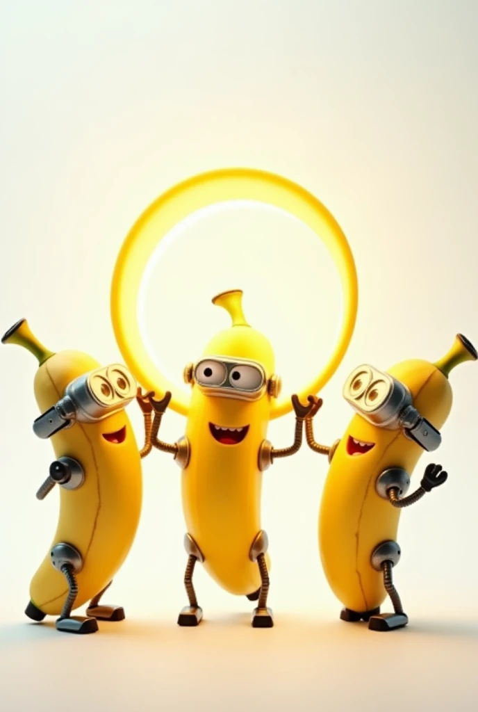 Drawing of small bananas that look like robots holding a circle on a white background 